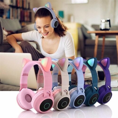 17092dba13a0053dd49f2a5a0b7bc6b4-1.jpg Cat Ears Rechargeable Y47 Wireless Stereo HD Sound Bluetooth Headphones with Microphone 3.5mm Audio Support FM Radio SD Card with MF/TF & AUX ports Cool Glow Light Stereo Bass Learning Earphone