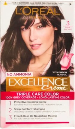 LOREAL 3dbg Paris Permanent Hair Colour, Radiant At-Home Hair Colour with up to 100% Grey Coverage Crème 3 Dark Brown 72ml+100g