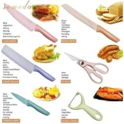 Multi Colorful Kitchen Knives Set of 6 PCS (cks6) Cute Fruit Knife Set with Gift Box, High Carbon Steel Kitchen Knife Set without Block, Environmental Wheat Straw Material Handle, Sharp Professional Chef Knife