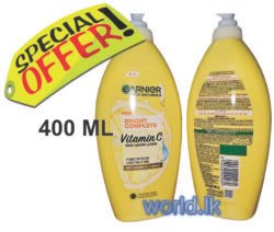 ffe6125cf2cabab5e396312abaebab6f.jpg THAILAND GARNIER VITAMIN C Body 400 Ml Sun Block Lotion UVA / UVB Bright Complete 2x Lemon Gbvc Reduce the Dark Spots and Even Out Skin Tone